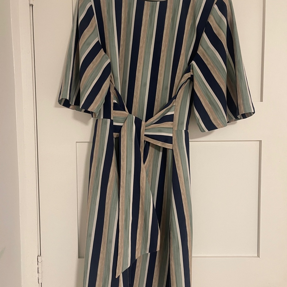 Ann Taylor Striped Tie-Waist Midi Dress in Navy, Sage, and Beige - Picture 5 of 5